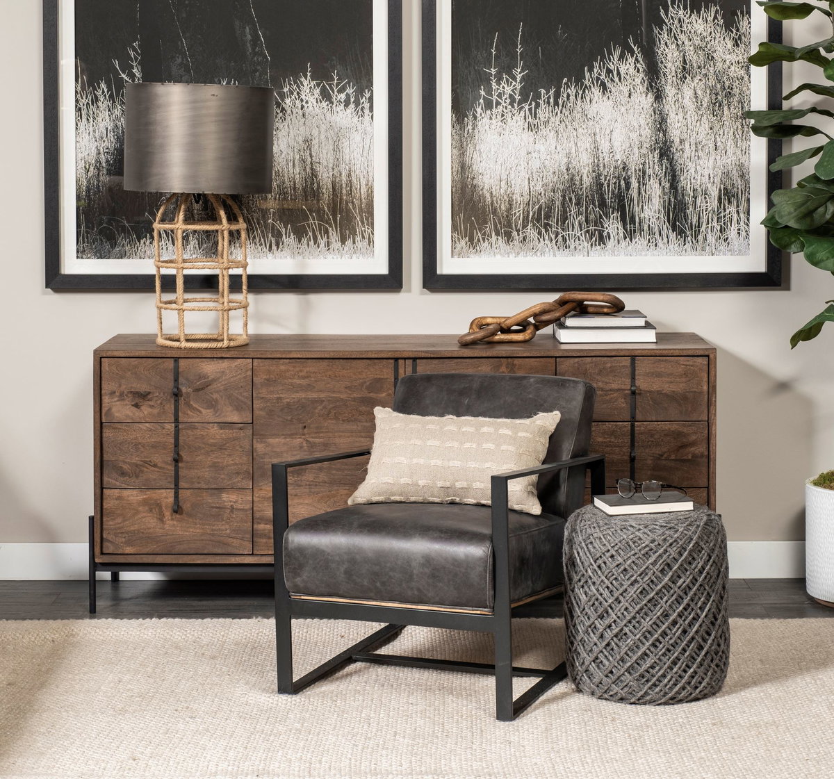 Allium Dark Gray Handwoven Wool Cylindrical Pouf, Ottoman by Mercana, 15.75" length x 15.75" width x 17.75" height View 3
