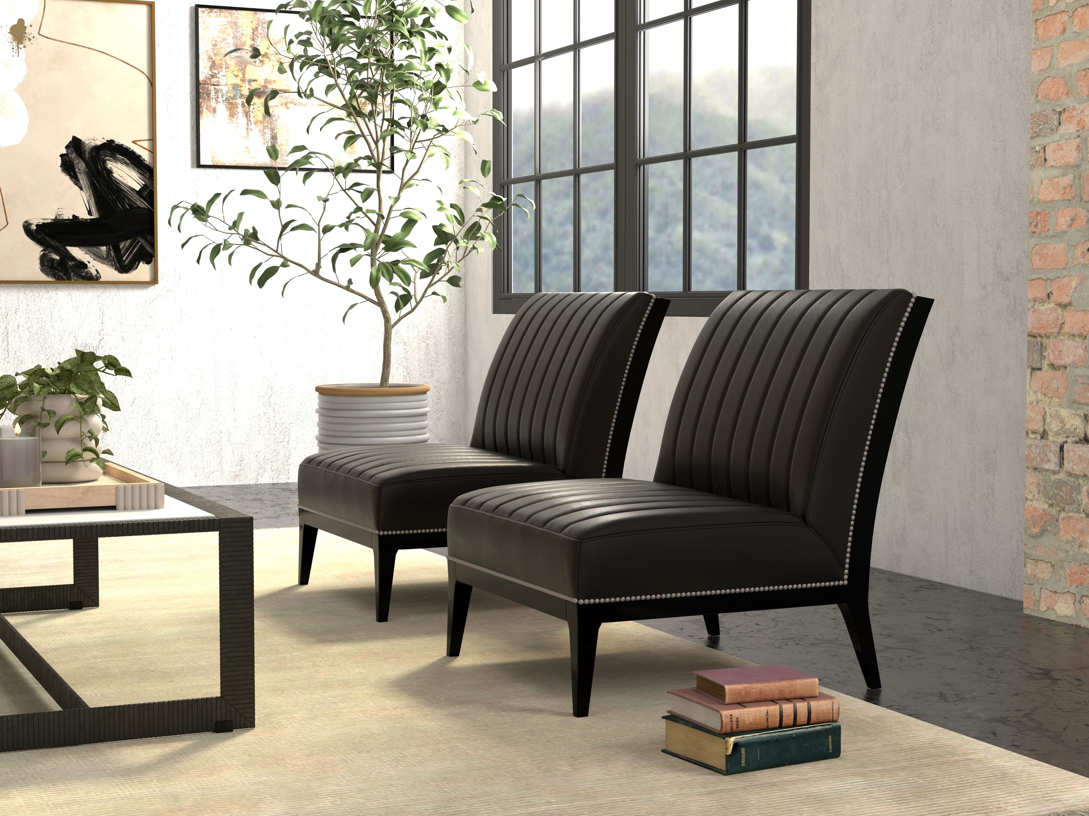 Agave Slipper Chair,Distilled Lthr, Blk, Seating by Sarreid, 27" length x 32" width x 33" height View 14