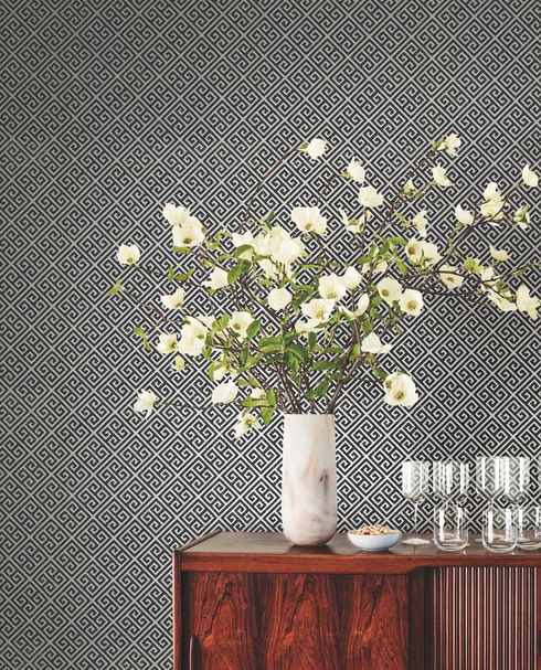 Grecian Geometric Silver & Black Wallpaper