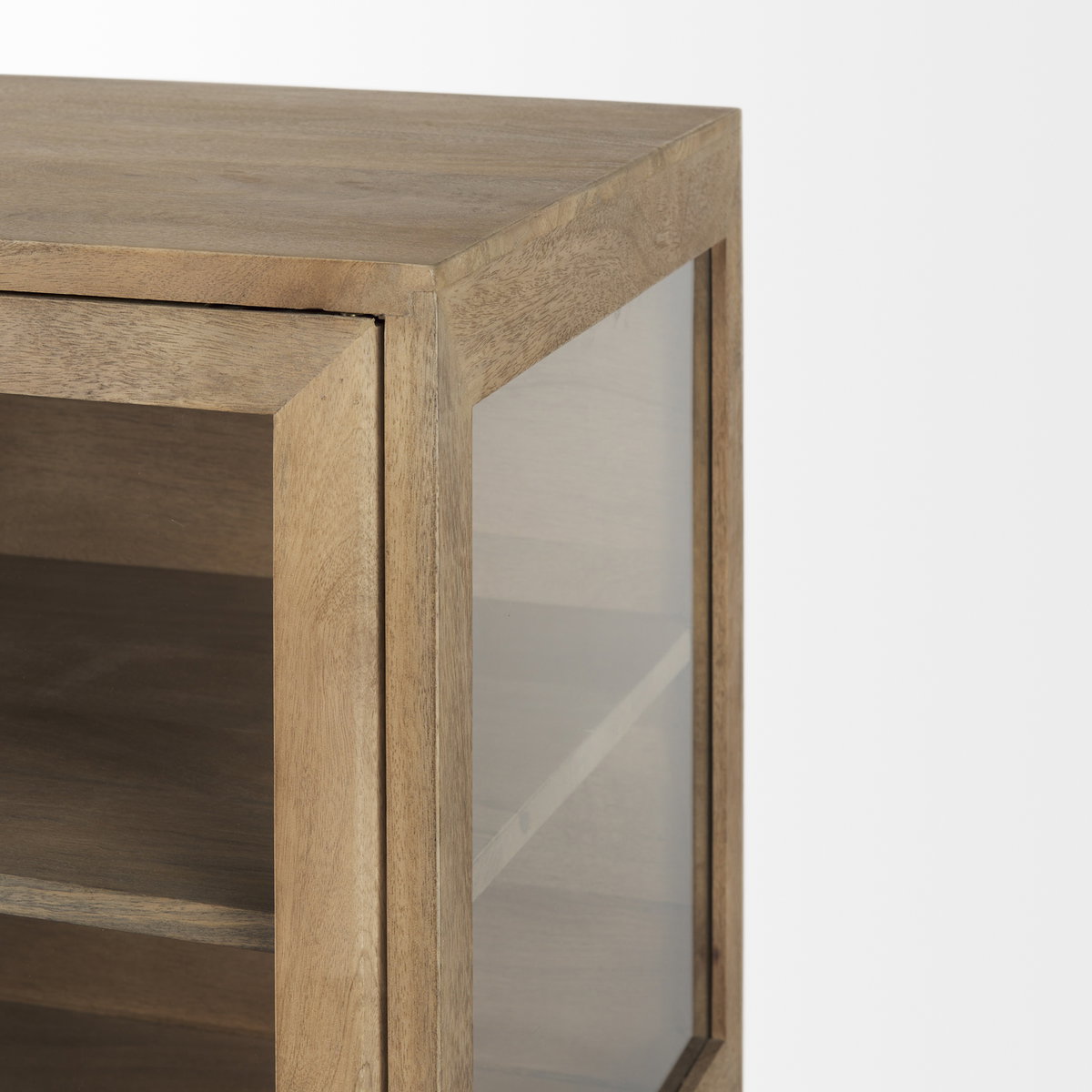 Arelius 36L x 18W x 32H Light Brown Wood, Black Metal Base with 2 Glass Doors Accent Cabinet, Cabinets & Chest by Mercana, 36" length x 18.75" width x 32" height View 7