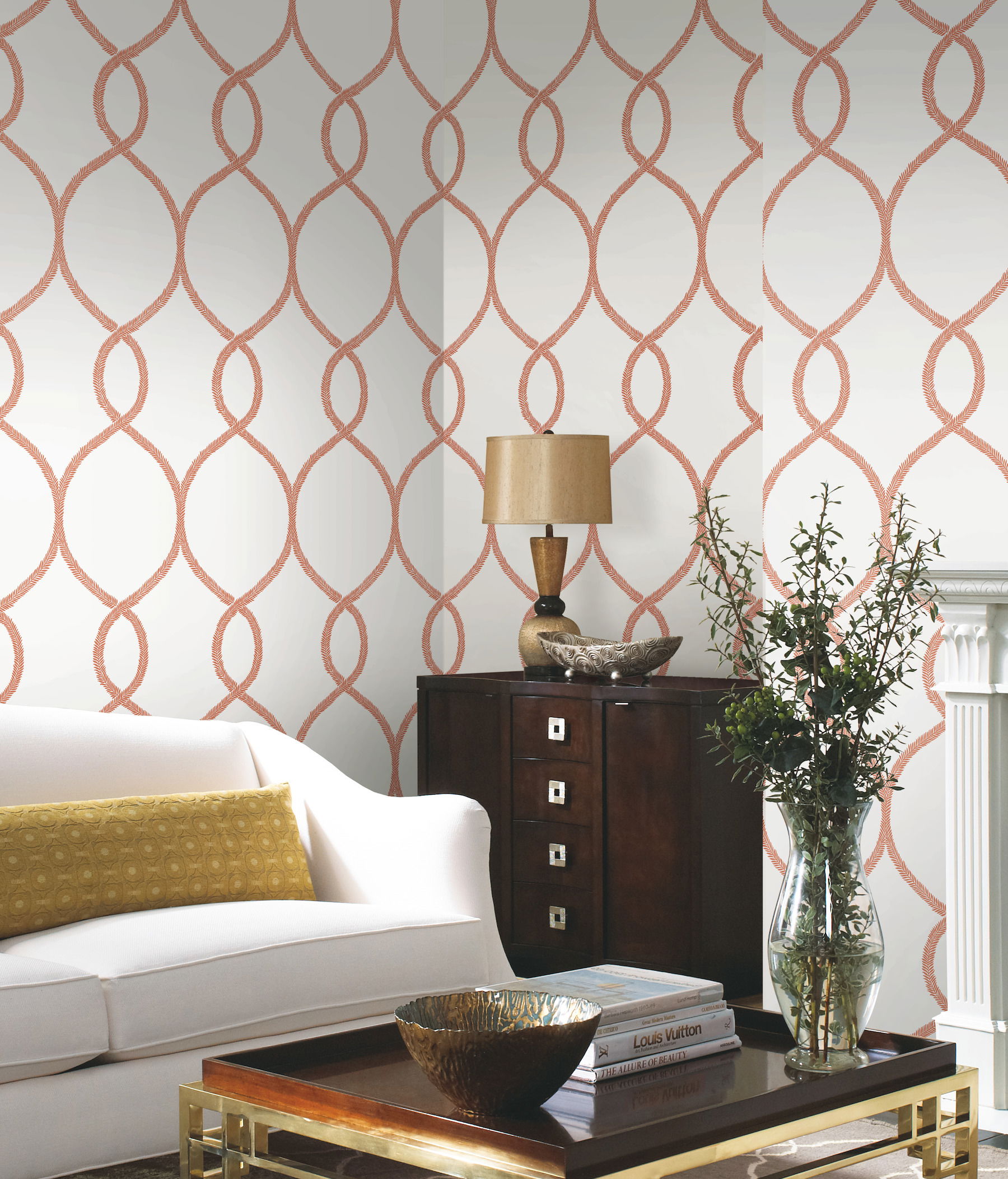 Laurel Leaf Ogee Orange Wallpaper large image 