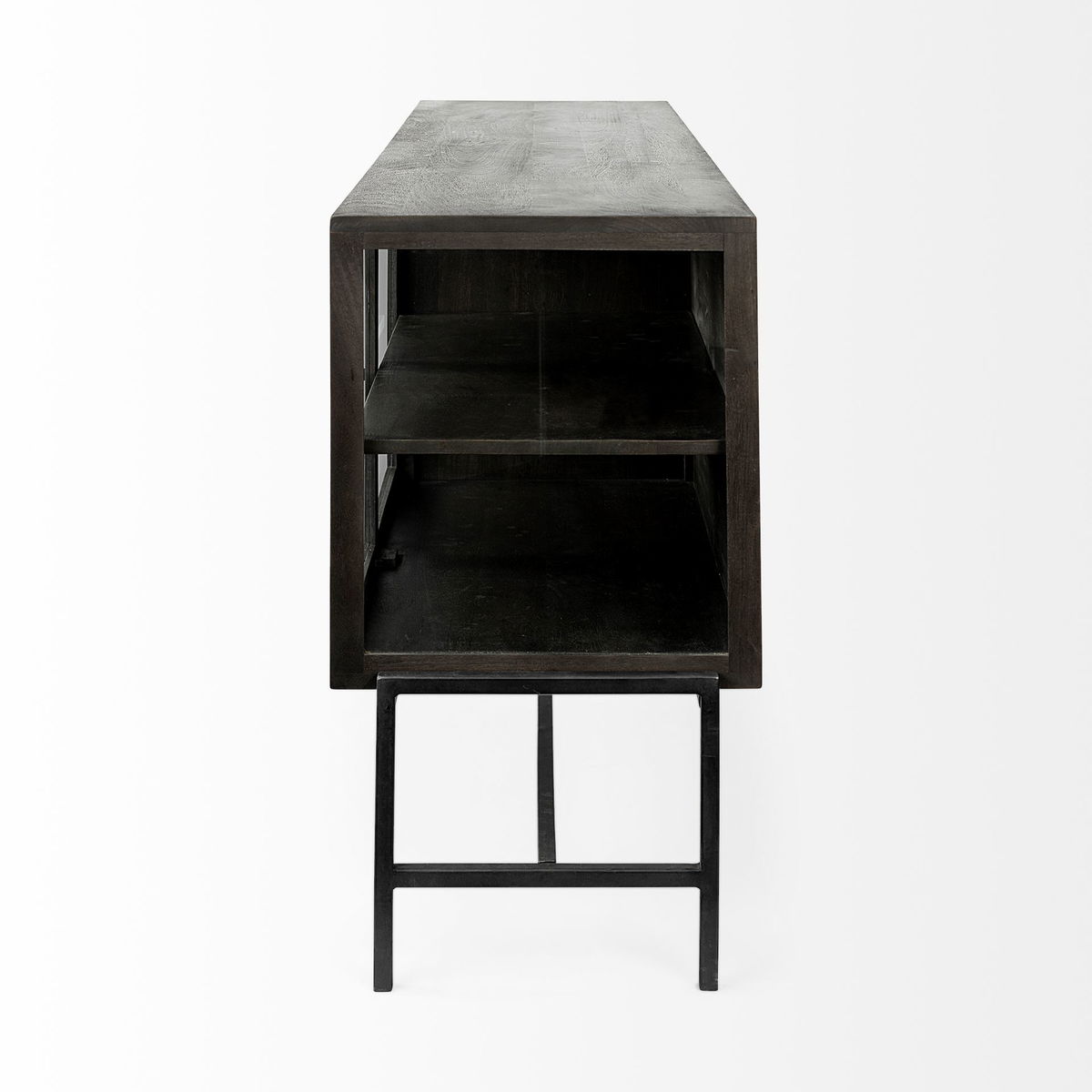 Arelius 70L x 18.75W x 32H Black-Brown Wood, Black Metal Base with 4 Glass Cabinet Doors Sideboard, Sideboards & Buffet by Mercana, 70" length x 18.75" width x 32" height View 4