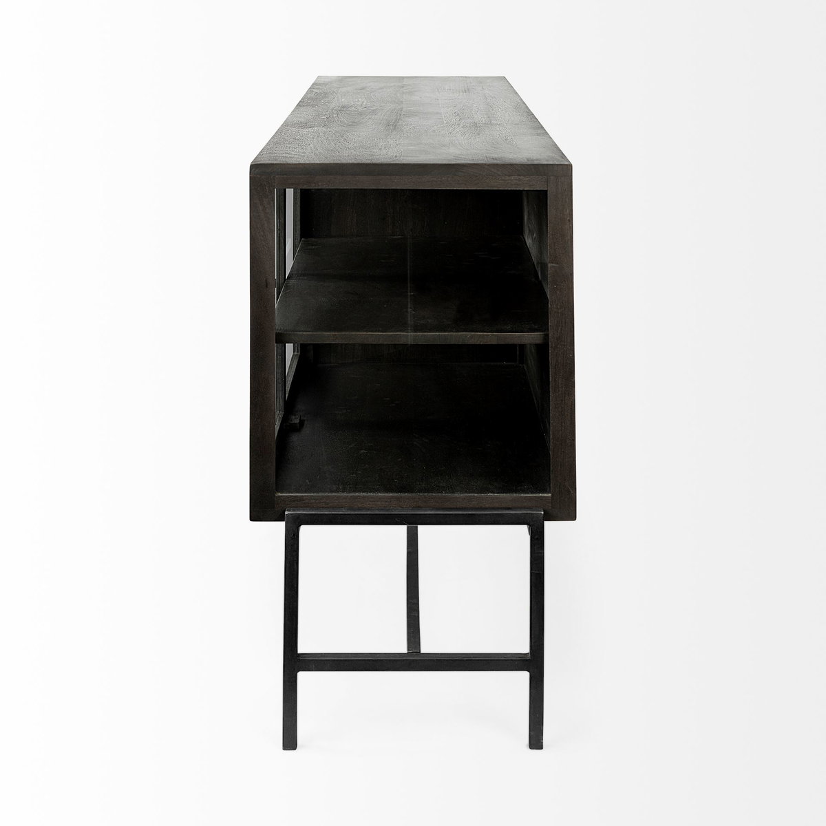 Arelius 70L x 18.75W x 32H Black-Brown Wood, Black Metal Base with 4 Glass Cabinet Doors Sideboard, Sideboards & Buffet by Mercana, 70" length x 18.75" width x 32" height View 4