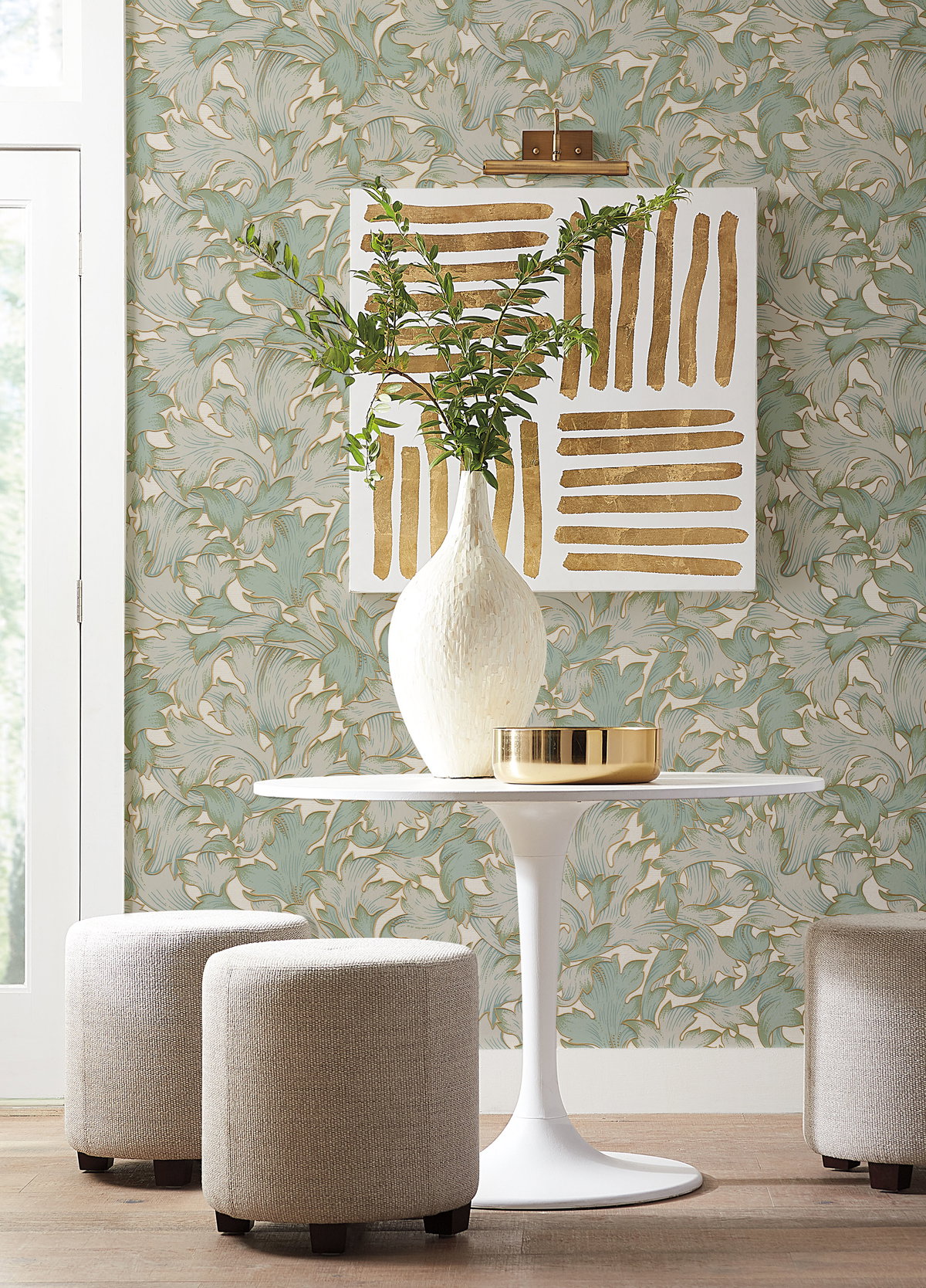 Acanthus Toss Beige & Seafoam Wallpaper, by York Wall, 27' length x 2'3" width x 0.02" depth View 4