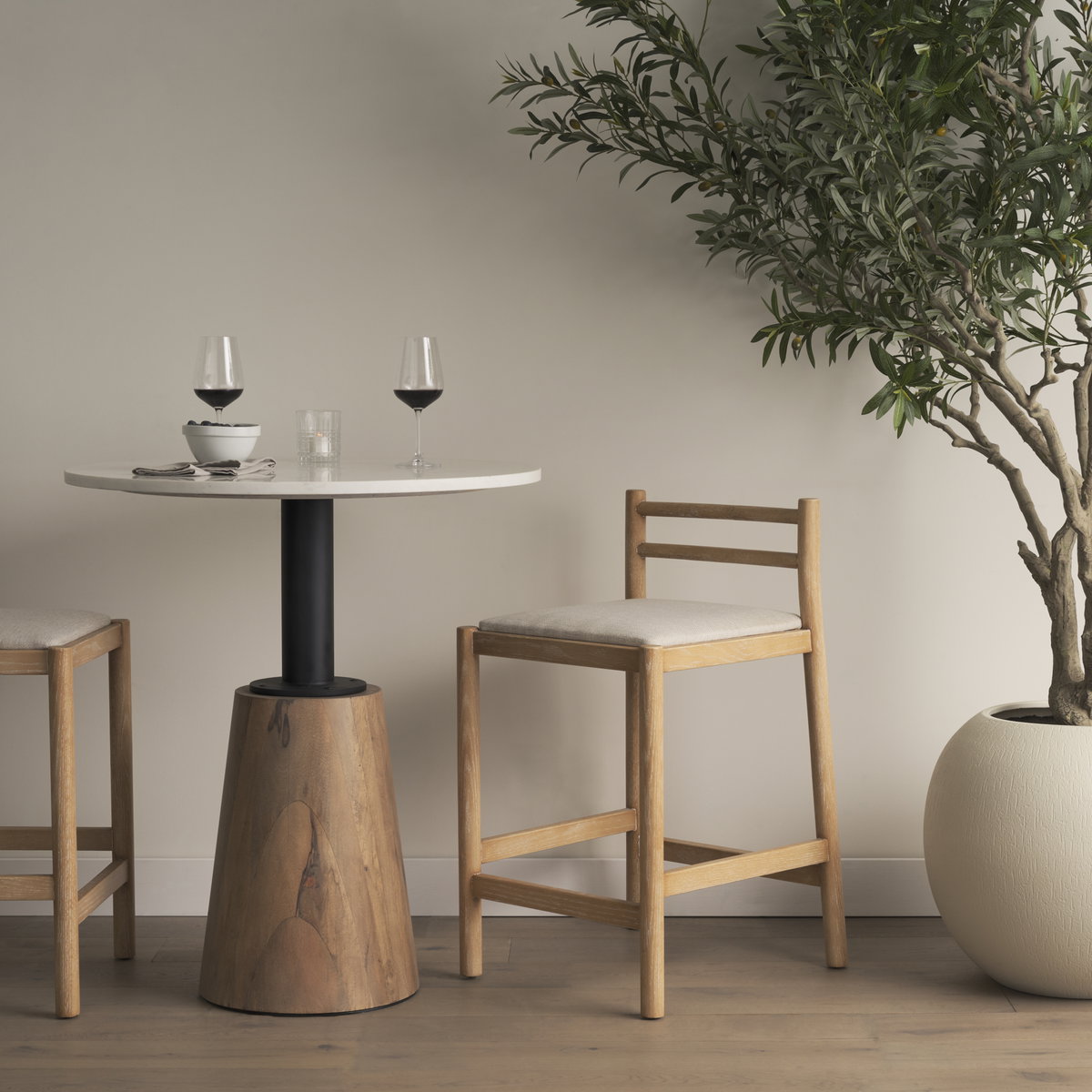 Sam Backless 25.87in Seat Counter Stool | Light Brown Wood with Fabric, Counter & Bar Stool by Mercana, 19" length x 18.25" width x 33.75" height View 2