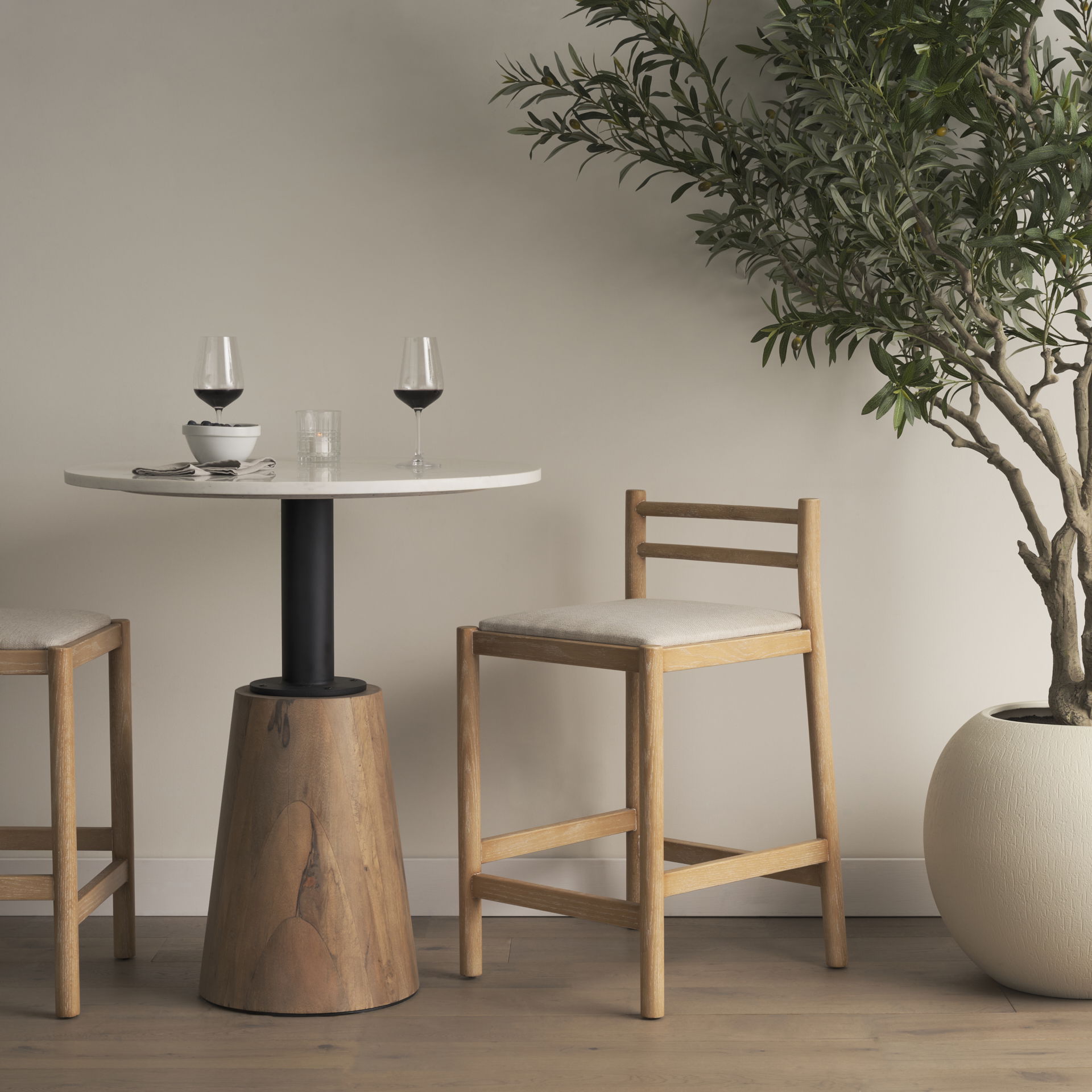 Sam Counter Stool with Light Brown Wood Frame and Beige Upholstered Seat, Counter & Bar Stool by Mercana, 19" length x 18.25" width x 33.75" height View 2