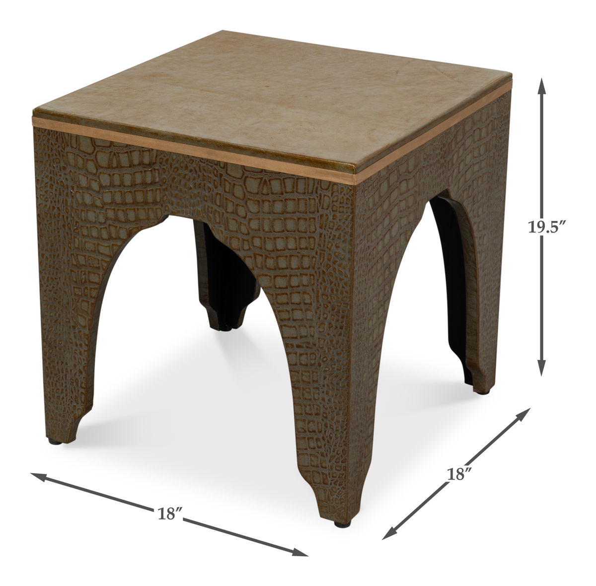 Croco Embossed Leather Stool  Ant. Green, by Sarreid, 1'6" length x 1'6" width x 10" height View 13