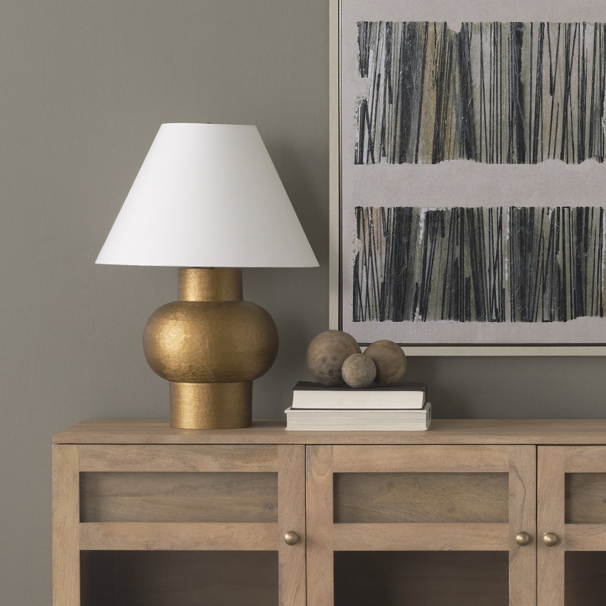 Salaah Antique Gold Brushed Metal with Cream Shade Table Lamp, by Mercana, 19.5" length x 19.5" width x 26" height View 2