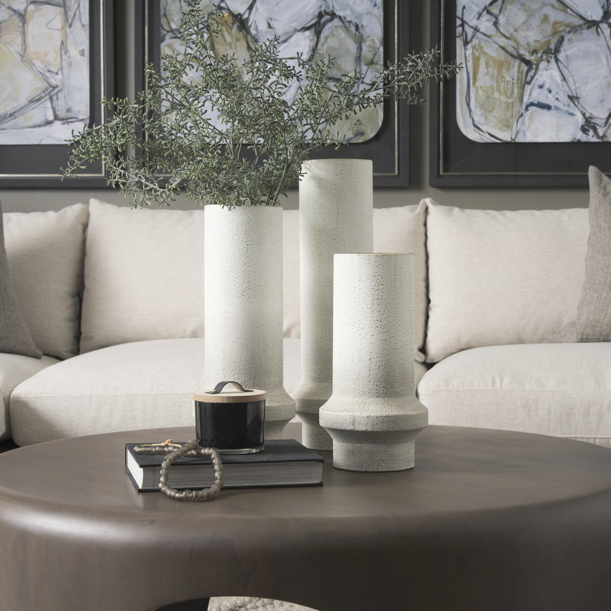Tovah Medium Textured White with Gold Metal Vase, by Mercana, 6.69" length x 6.69" width x 16.34" height View 3