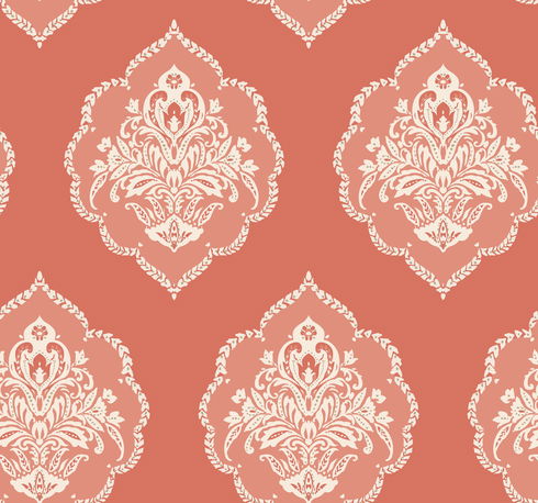 Signet Medallion Damask Coral Wallpaper