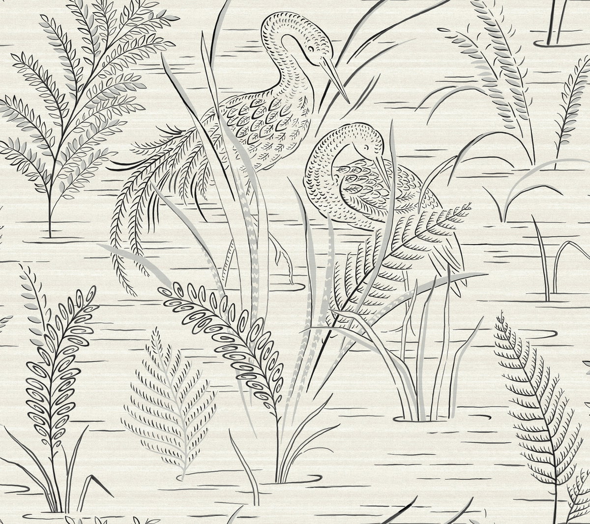 Fernwater Cranes Black & Grey Wallpaper, by York Wall, 27' length x 2'3" width x 0.02" depth
