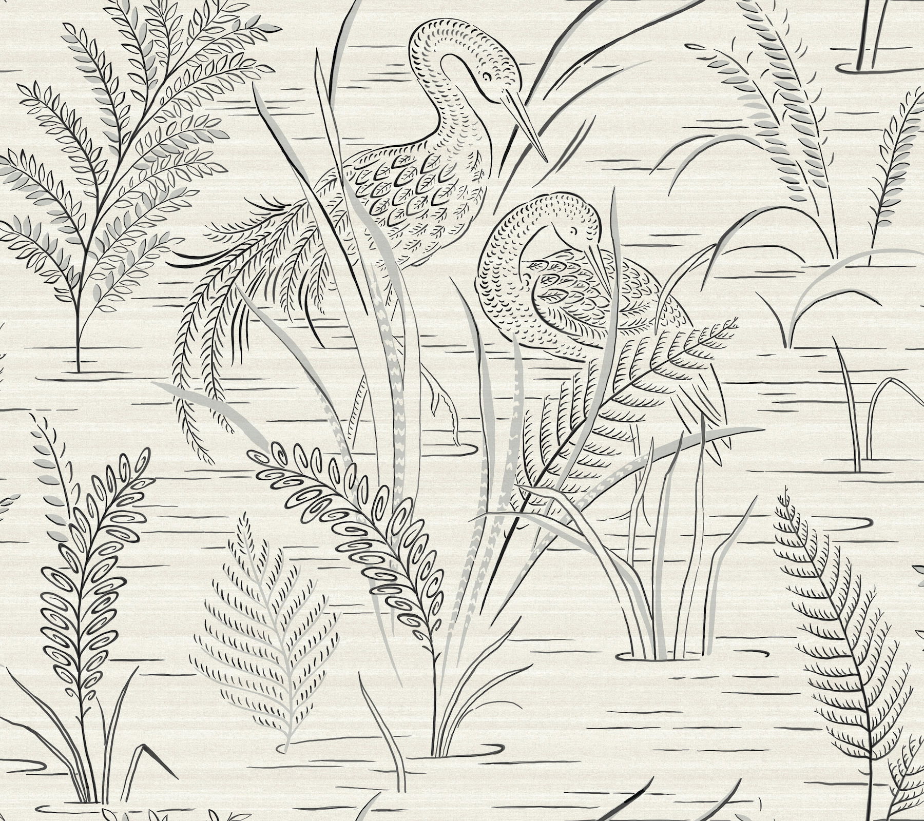 Fernwater Cranes Black & Grey Wallpaper large image 