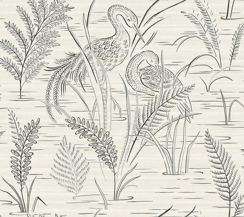 Fernwater Cranes Black & Grey Wallpaper