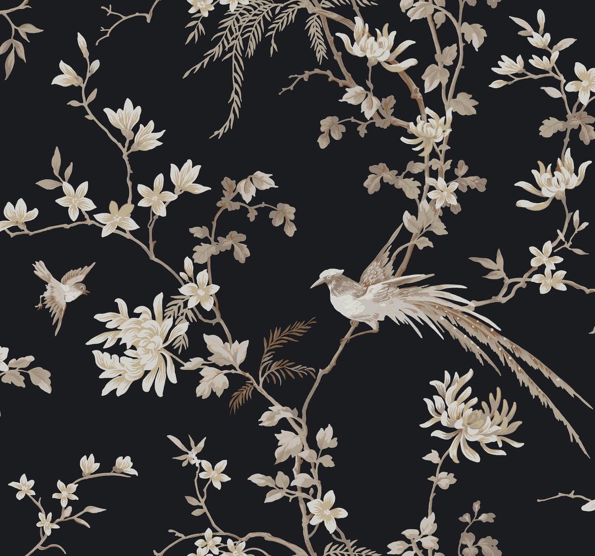 Bird & Blossom Chinoserie Black Wallpaper, by York Wall, 27' length x 2'3" width x 0.02" depth View 1