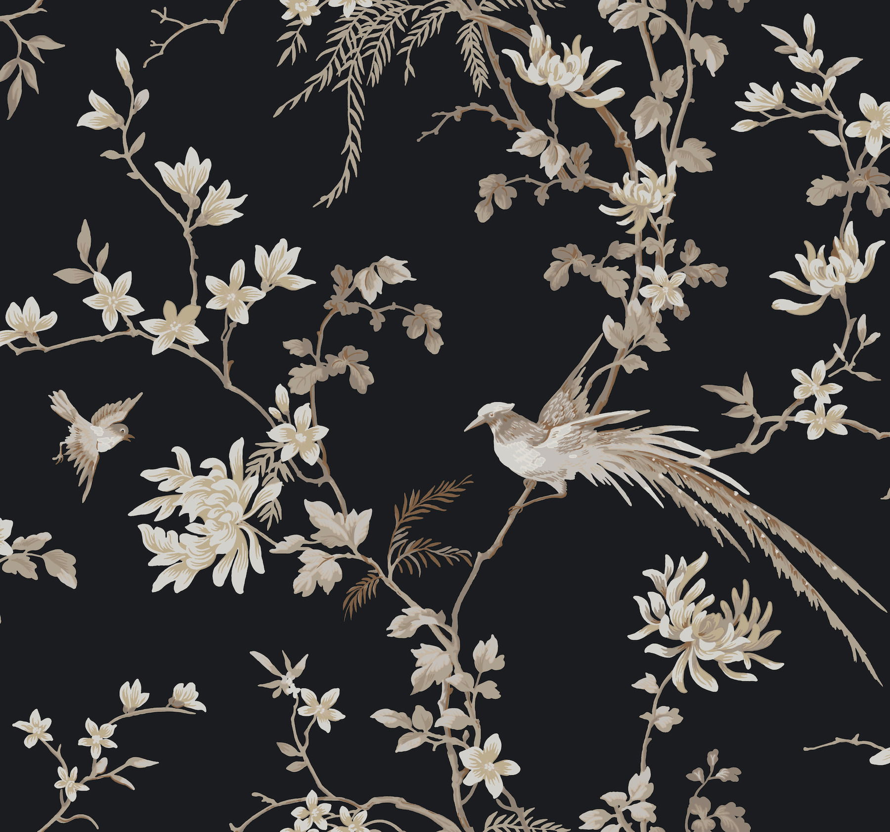 Bird & Blossom Chinoserie Black Wallpaper large image 