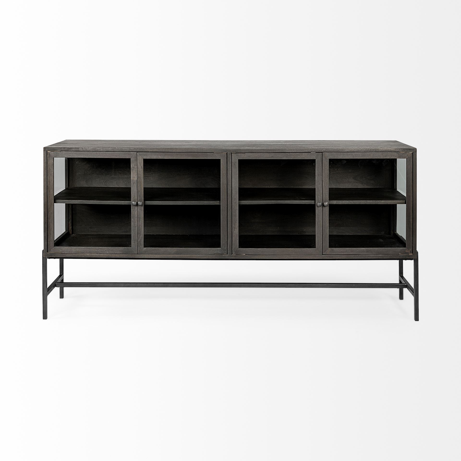 Arelius 70L x 18.75W x 32H Black-Brown Wood, Black Metal Base with 4 Glass Cabinet Doors Sideboard, Sideboards & Buffet by Mercana, 70" length x 18.75" width x 32" height View 3