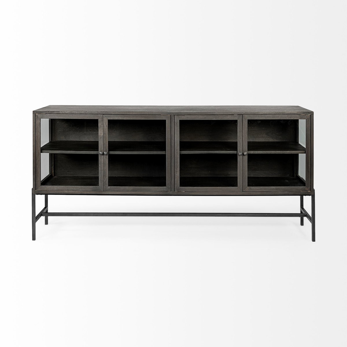 Arelius 70L x 18.75W x 32H Black-Brown Wood, Black Metal Base with 4 Glass Cabinet Doors Sideboard, Sideboards & Buffet by Mercana, 70" length x 18.75" width x 32" height View 3