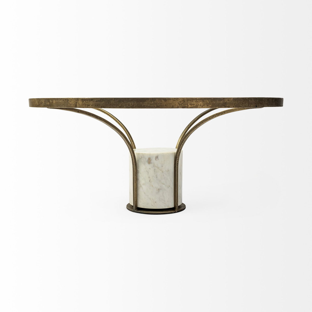 Jacinta 36' Round Glass Top Metal and Marble Pedestal Coffee Table, by Mercana, 36" length x 36" width x 16" height View 7