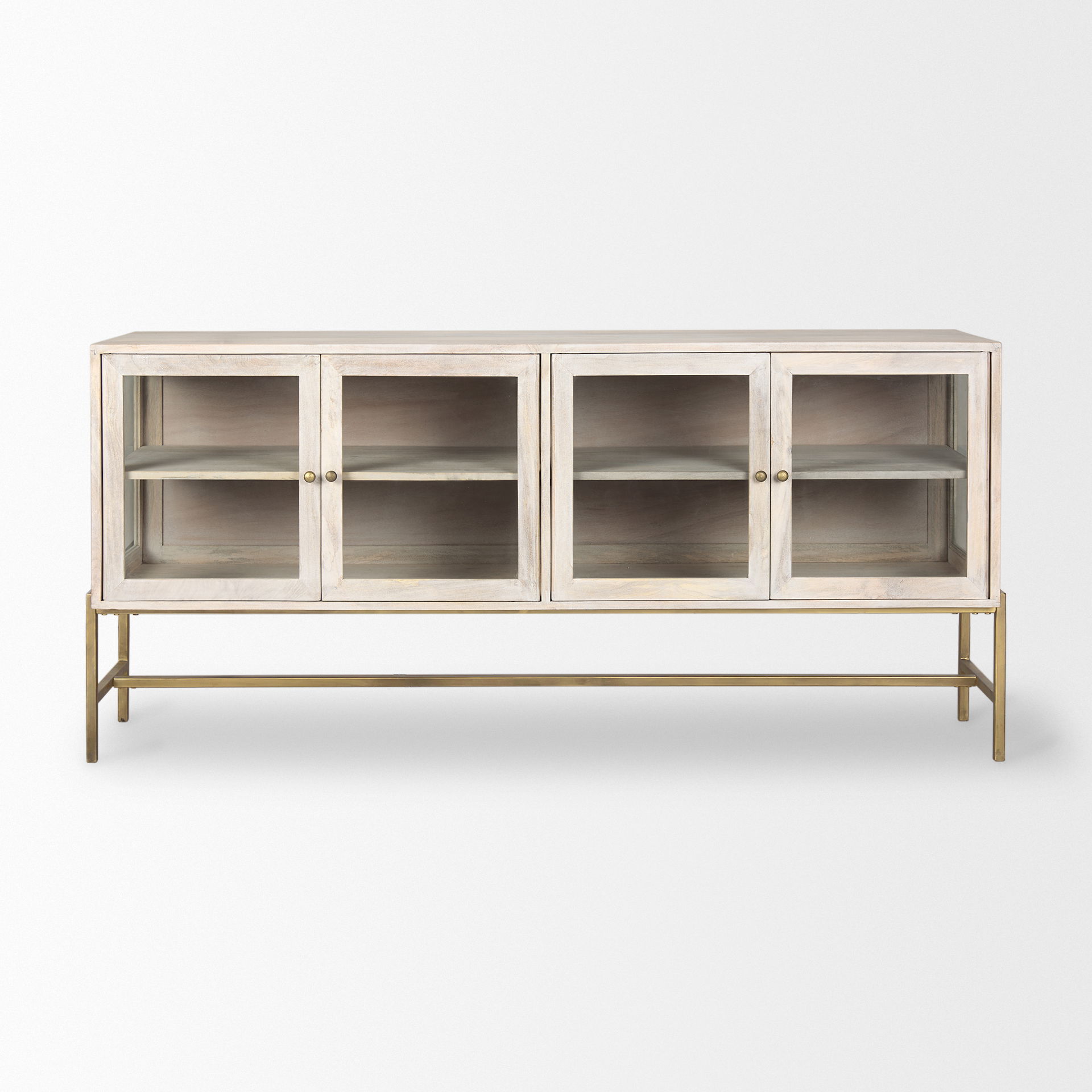 Arelius 70L x 18W x 32H White Wood with Gold Metal Base 4 Door Glass Cabinet Sideboard large image 