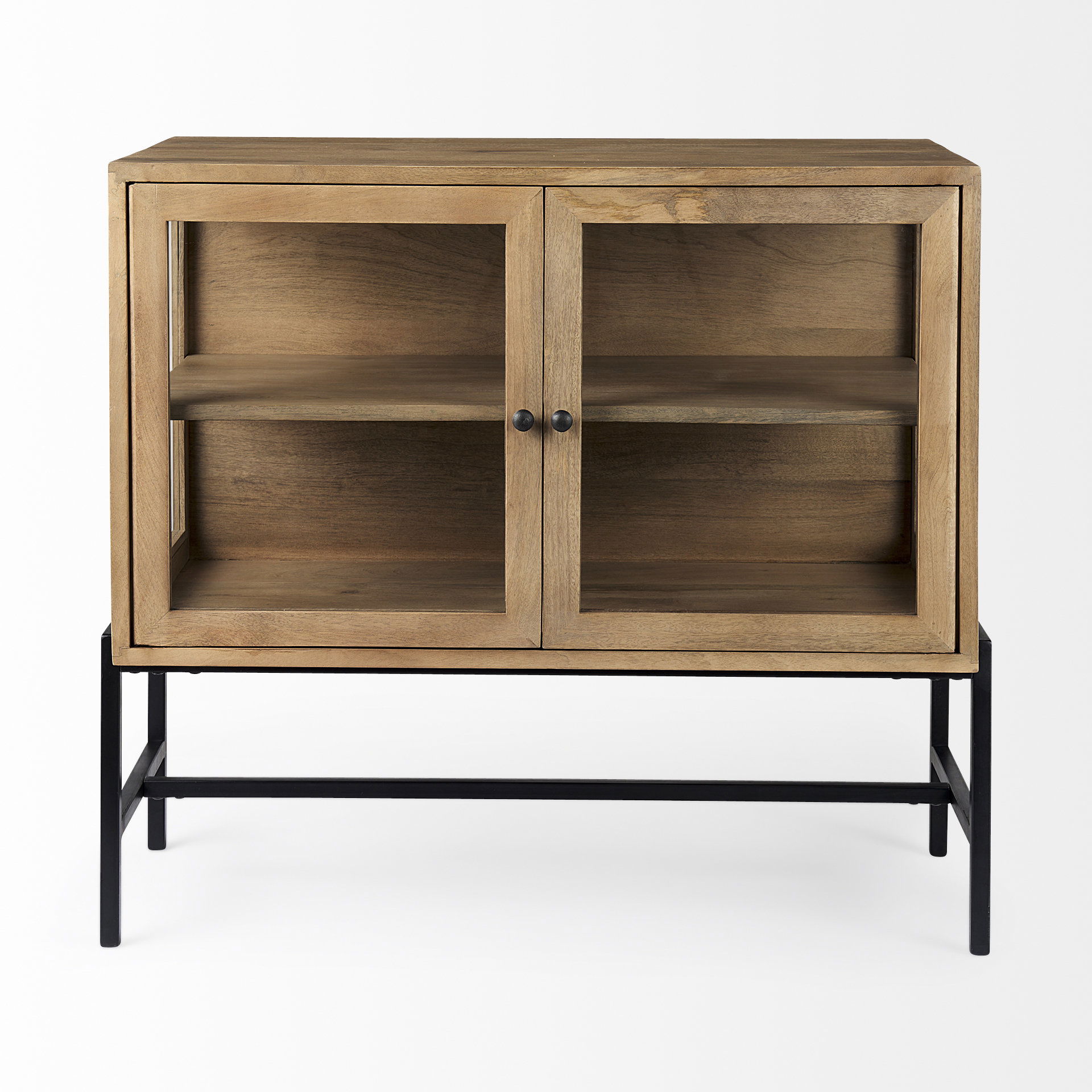 Arelius 36L x 18W x 32H Light Brown Wood, Black Metal Base with 2 Glass Doors Accent Cabinet, Cabinets & Chest by Mercana, 36" length x 18.75" width x 32" height View 4