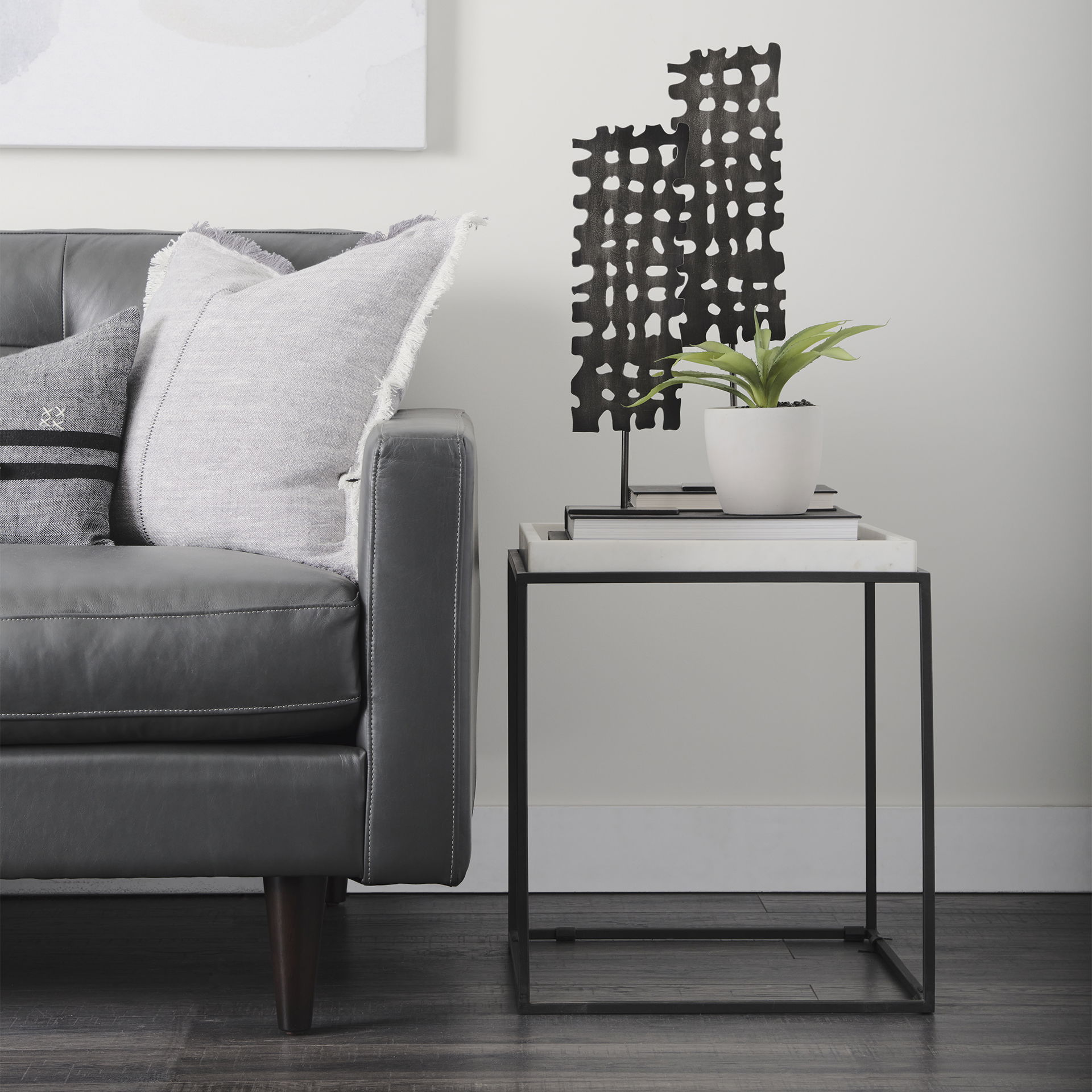 Nathan II 18' x 20' Square Top White Marble and Black Metal End/Side Table, Side & End Table by Mercana, 18" length x 18" width x 20" height View 5