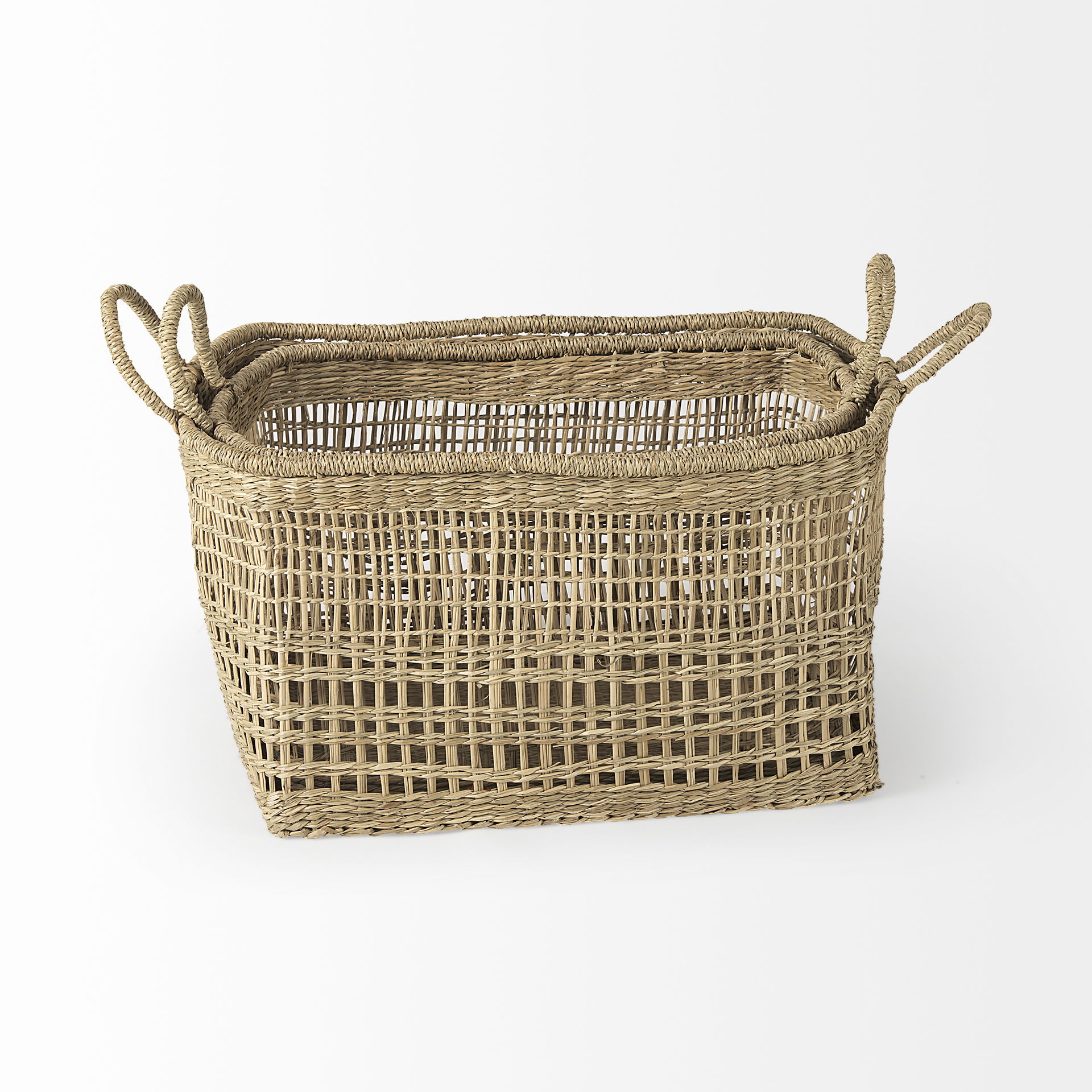 Bellisa 18.5L x 14.6W x 11.0H (Set of 2) Medium Brown Seagrass Rectangular Basket with Handles, Bins & Basket by Mercana, 18.5" length x 13.39" width x 11.02" height View 5