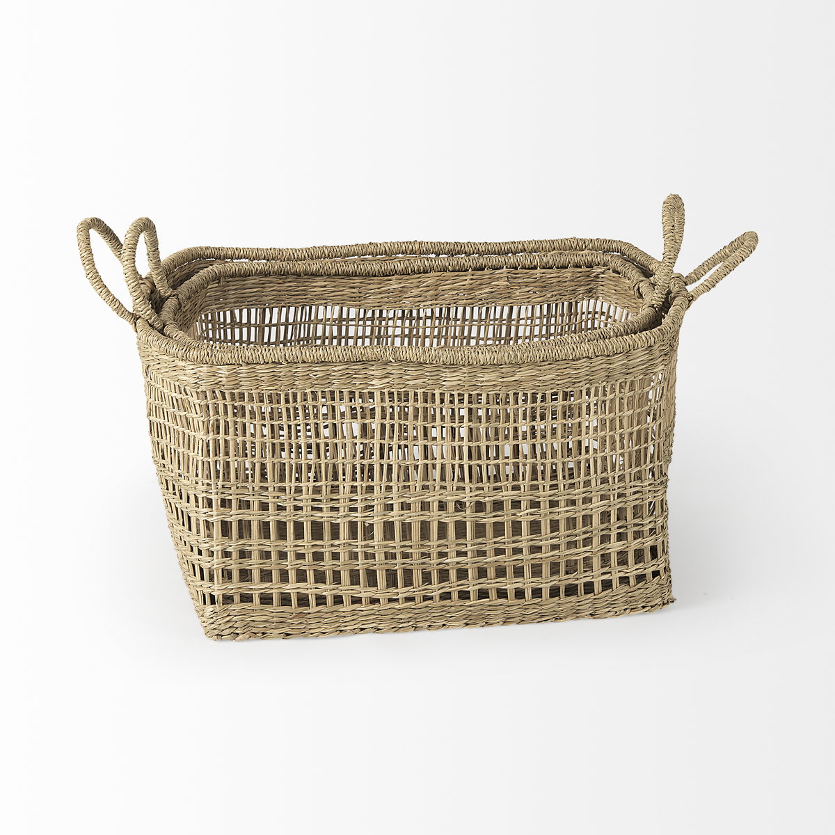 Bellisa 18.5L x 14.6W x 11.0H (Set of 2) Medium Brown Seagrass Rectangular Basket with Handles, Bins & Basket by Mercana, 18.5" length x 13.39" width x 11.02" height View 5