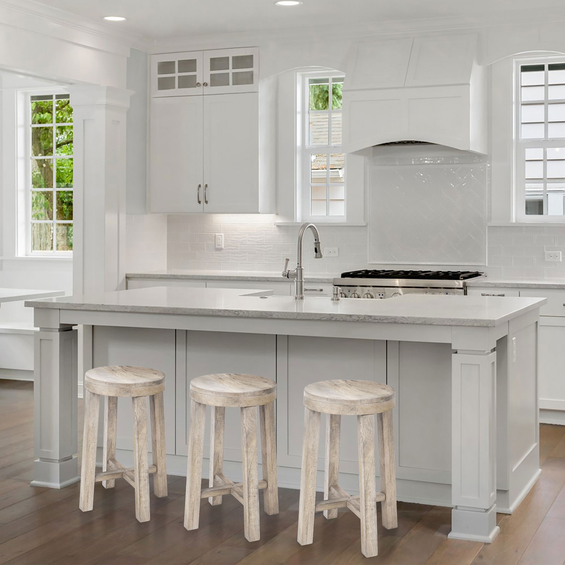 Brahma 26' Total Height White Washed Wood Stool, Counter & Bar Stool by Mercana, 14.5" length x 14.5" width x 26" height View 2