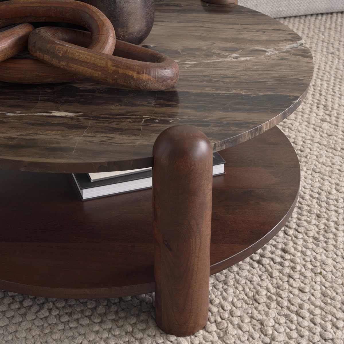 Jovia Brown Mango Wood with Cappuccino Marble Round Coffee Table, by Mercana, 36" length x 36" width x 16" height View 5