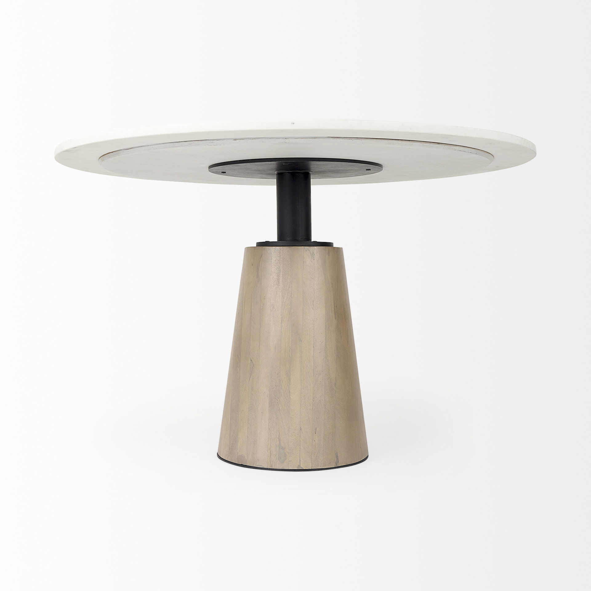 Maxwell 48L x 48W x 30H White Marble Round Top with Black Metal and Wood Pedestal Base Dining Table large image 