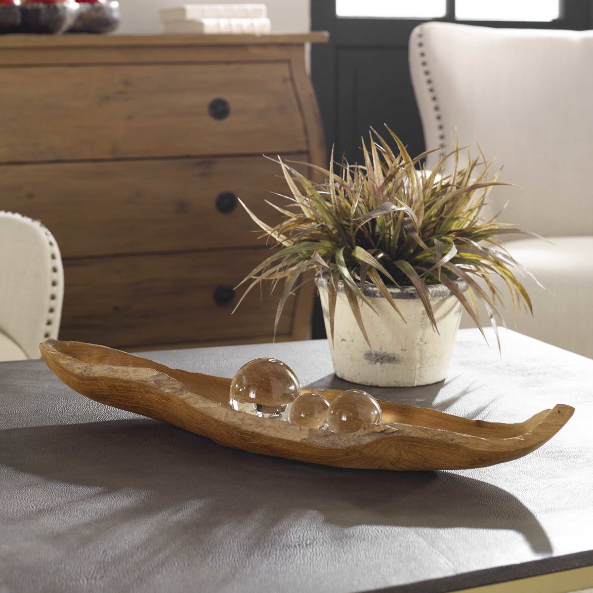 Teak Leaf Bowl, Decorative Tray by Uttermost, 26.75" width x 4.75" height x 9.75" depth View 2