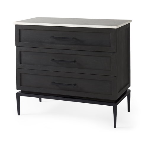 Divina Black-Brown Wood with White Marble Top and Black Metal Base Accent Cabinet