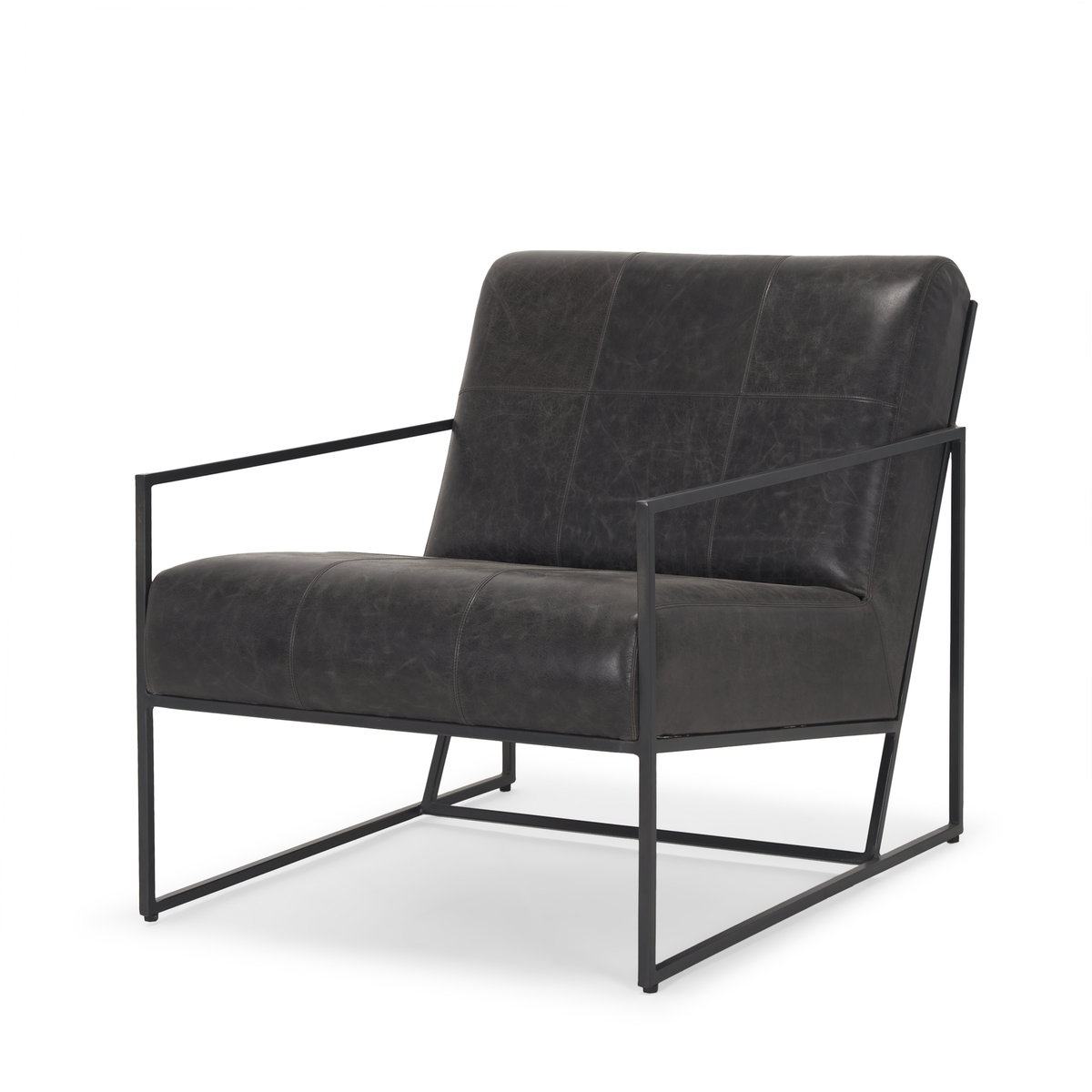 Stratton Gunmetal with Genuine Aged Black Leather Upholstered Accent Chair, by Mercana, 27.25" length x 36.5" width x 29.5" height View 1