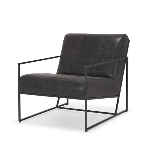 Stratton Gunmetal with Genuine Aged Black Leather Upholstered Accent Chair