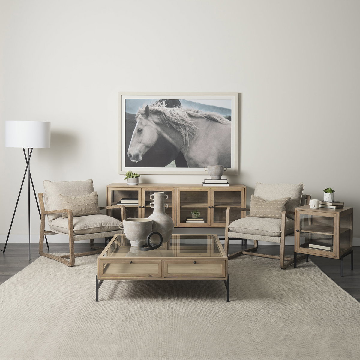 Arelius 70L x 18.75W x 32H Light Brown Wood, Black Metal Base with 4 Glass Cabinet Doors Sideboard, Sideboards & Buffet by Mercana, 70" length x 18.75" width x 32" height View 2