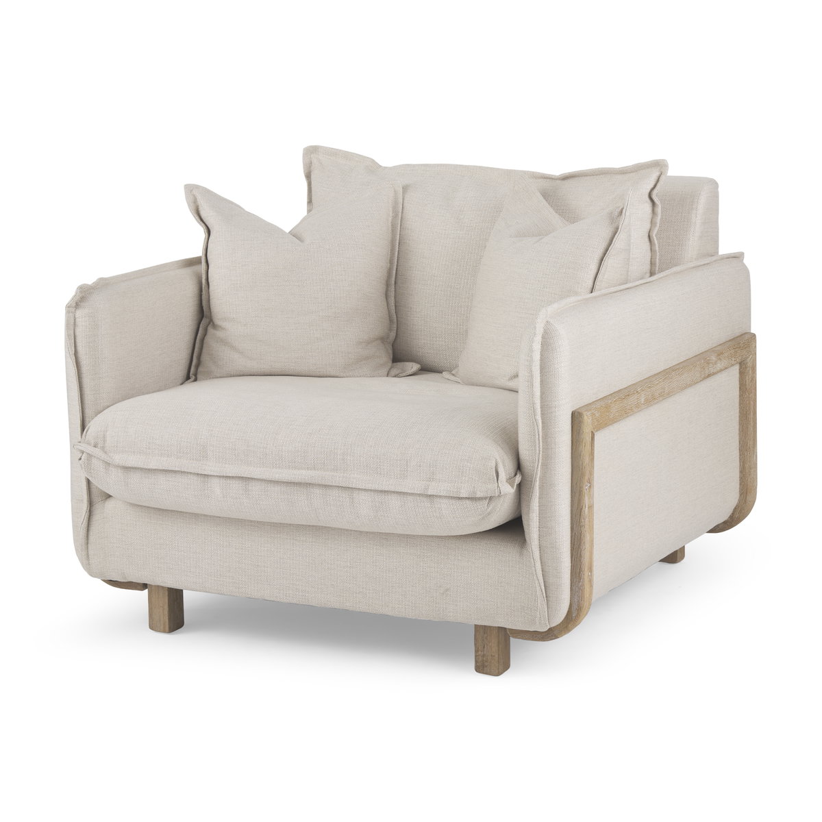 Roy II Beige Upholstered and Brown Wood Frame Arm Chair, Accent Chair by Mercana, 43.31" length x 41.73" width x 33.07" height View 1