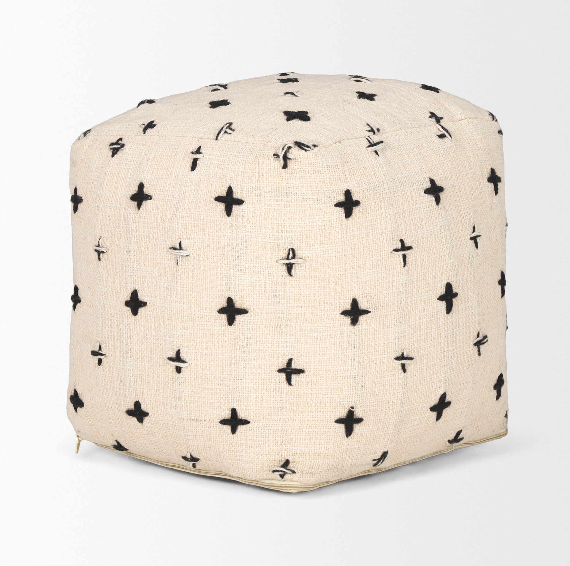 Saanvi Wool with Cream and Black Stitched Cross Patterned Pouf, Ottoman by Mercana, 16" length x 16" width x 16" height View 3