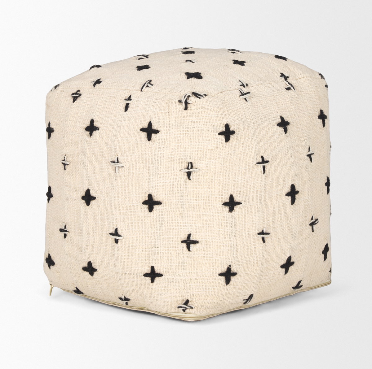 Saanvi Wool with Cream and Black Stitched Cross Patterned Pouf, Ottoman by Mercana, 16" length x 16" width x 16" height View 3