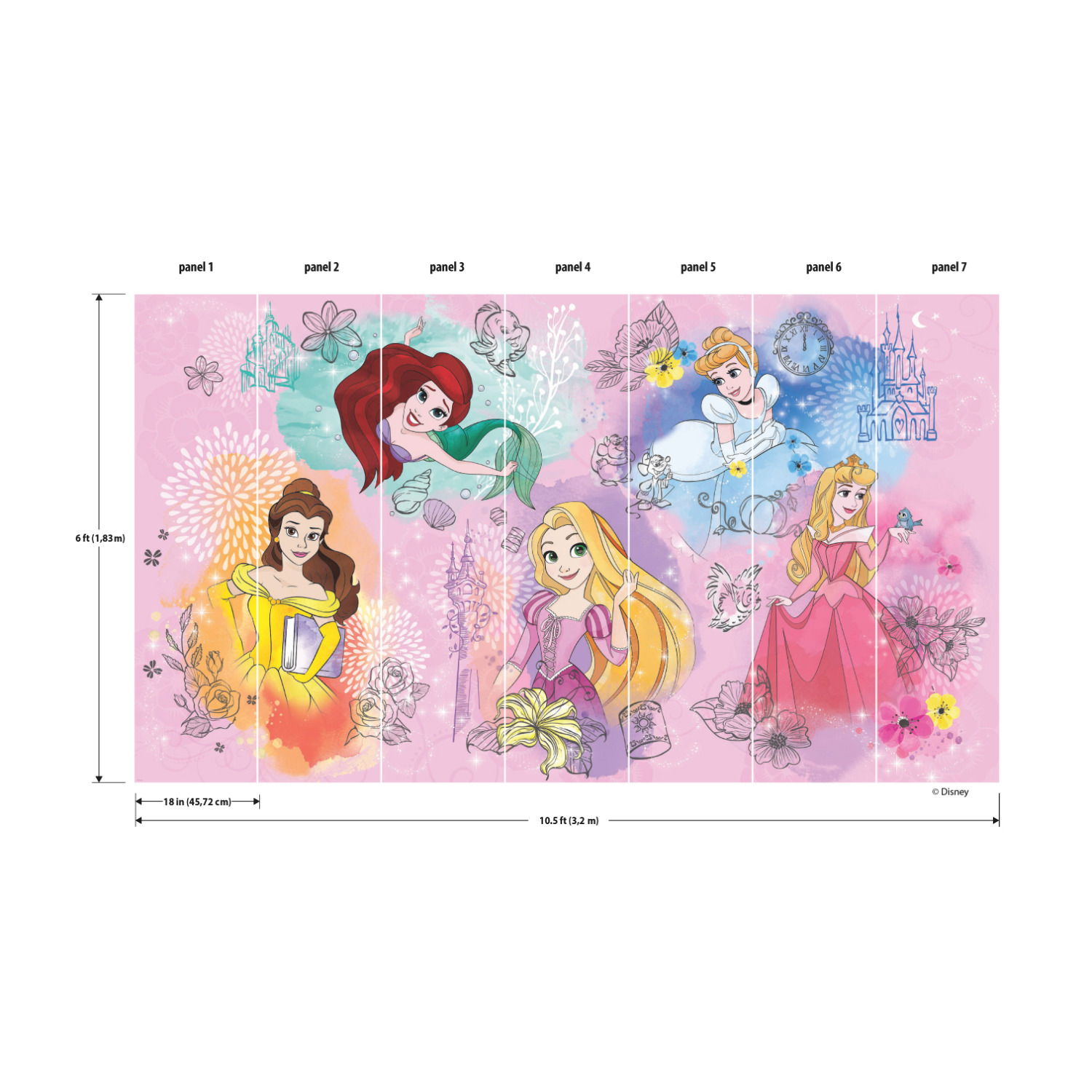 Disney Princess Pink Peel & Stick Wall Mural, Wallpaper by York Wall, 6' length x 1'6" width x 0.02" depth View 6