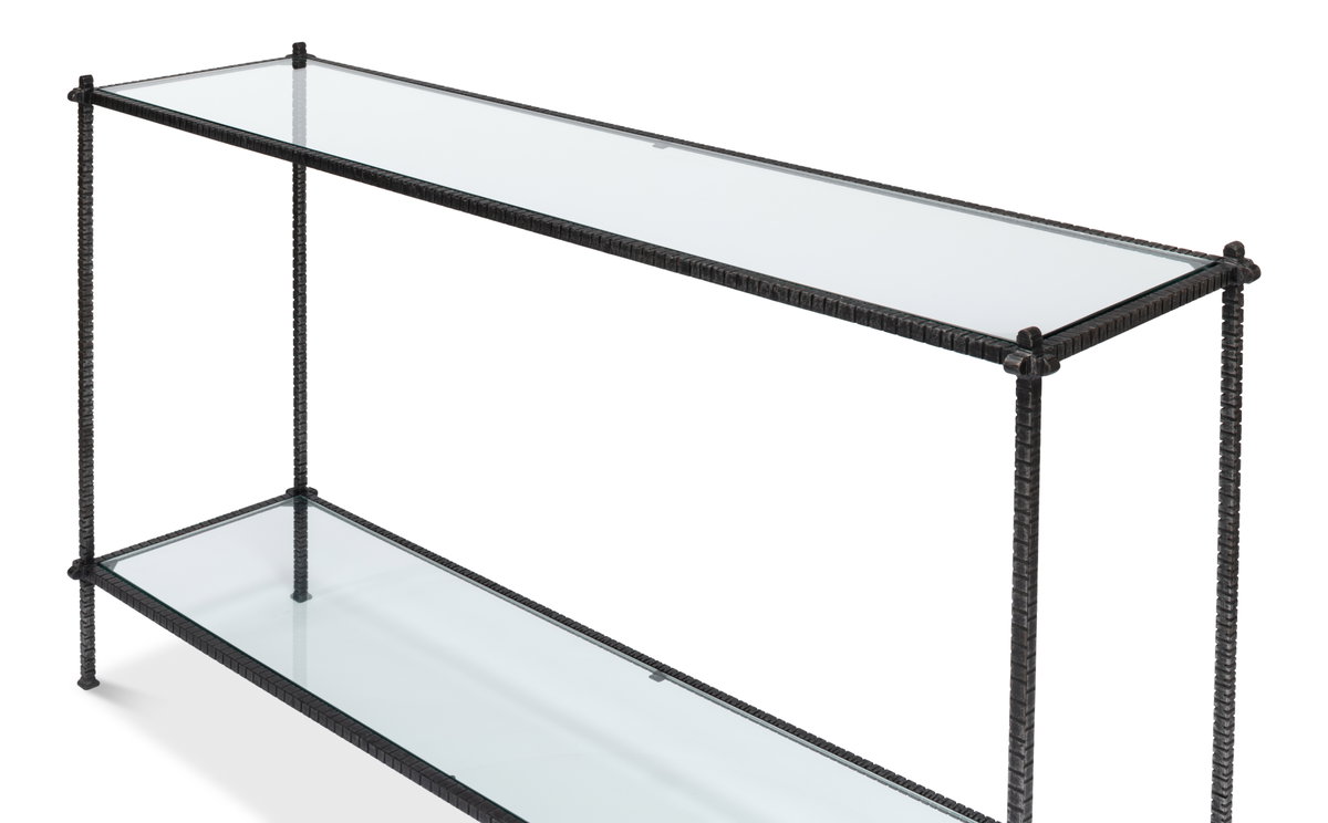 Hand Chased Iron Console Tble  Glass Top, by Sarreid, 1'4" length x 5' width x 2'9" height View 10