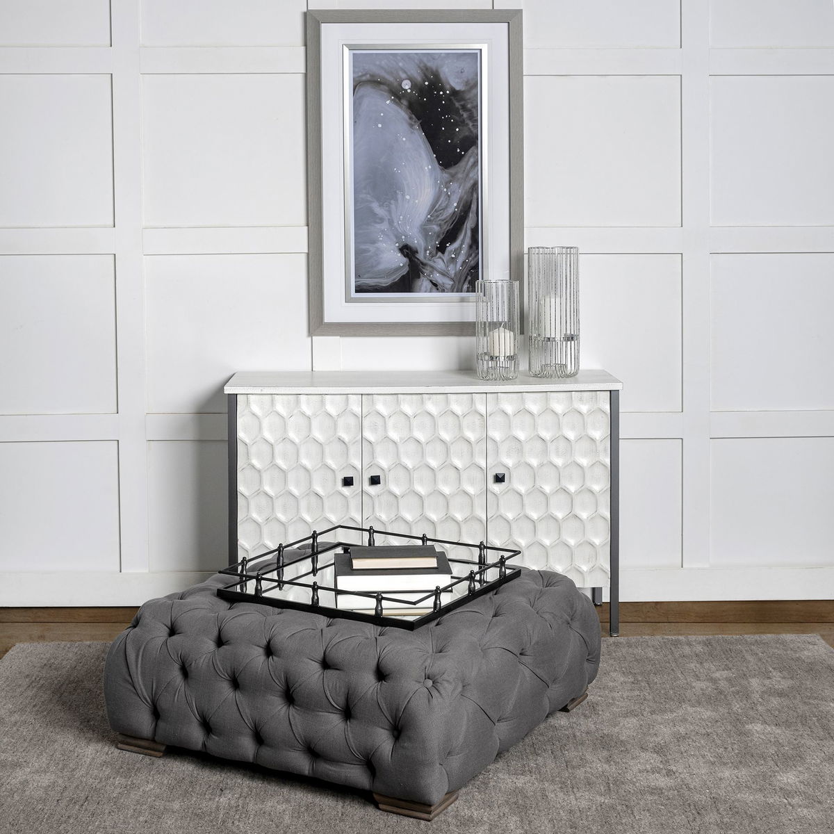 Christa 22L x 22W Black Metal Mirrored Base Square Tray, Decorative Tray by Mercana, 22.05" length x 22.05" width x 3.05" height View 4
