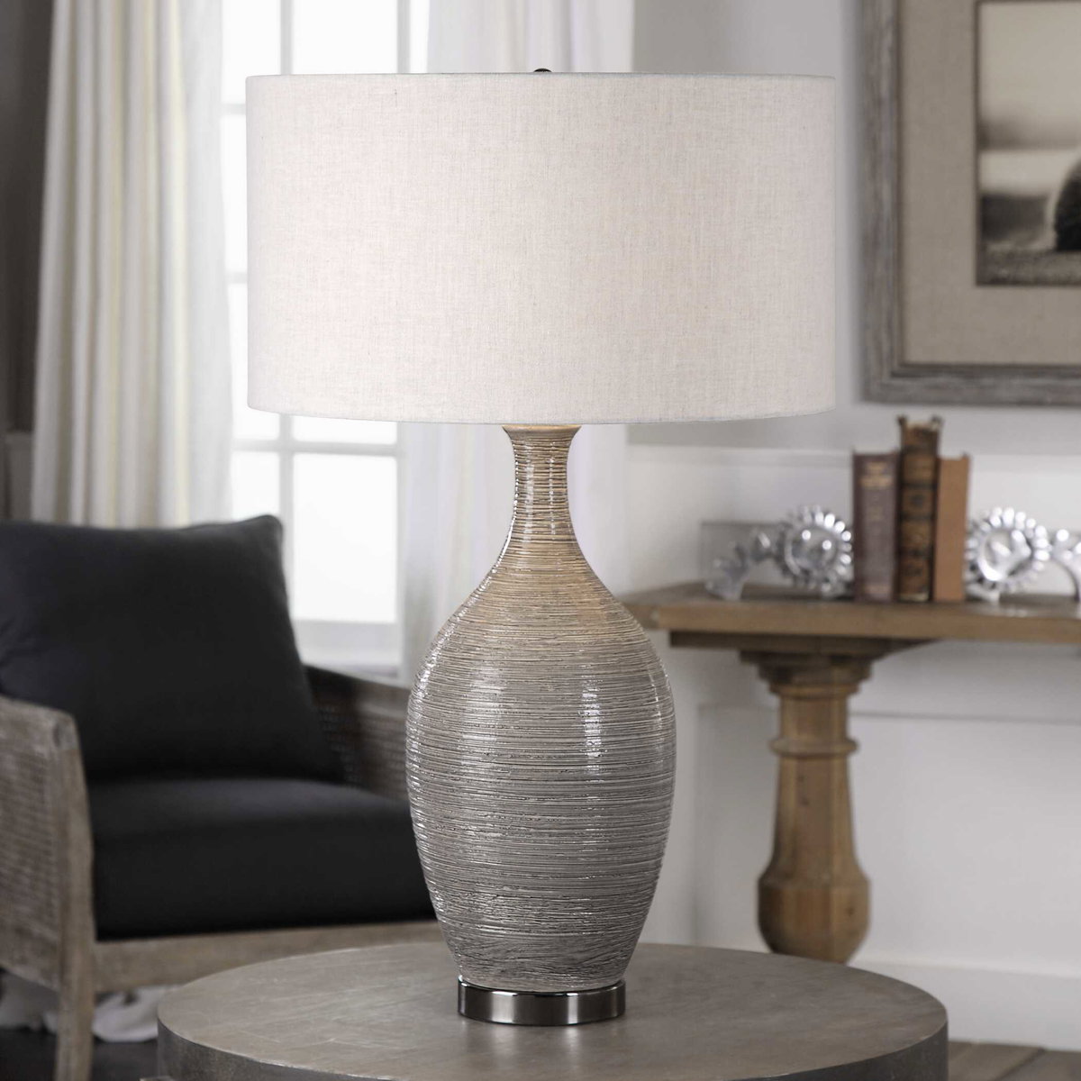 Dinah Gray Textured Table Lamp, by Uttermost, 1'7" width x 2'7" height x 1'7" depth View 4
