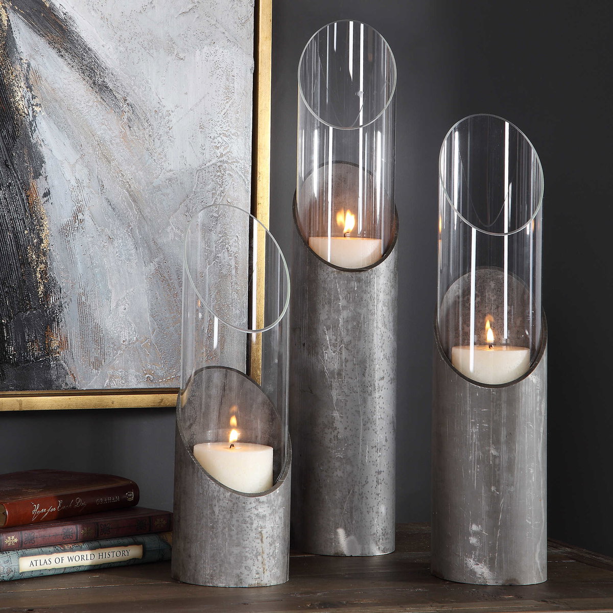 Karter Iron & Glass Candleholders Set/3, Candles & Candle Holder by Uttermost, 4.5" width x 22" height x 4.5" depth View 4