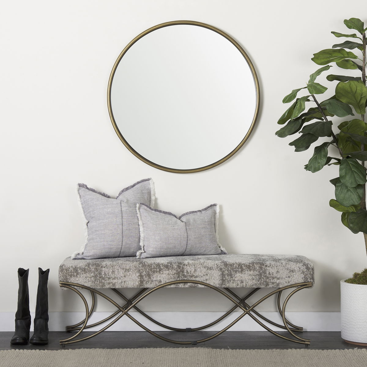 Ayla 55L x 17.6W x 18H Light and Dark Gray Fabric Seat with Antique Gold Metal Frame Bench, Benche by Mercana, 55" length x 17.6" width x 18" height View 2