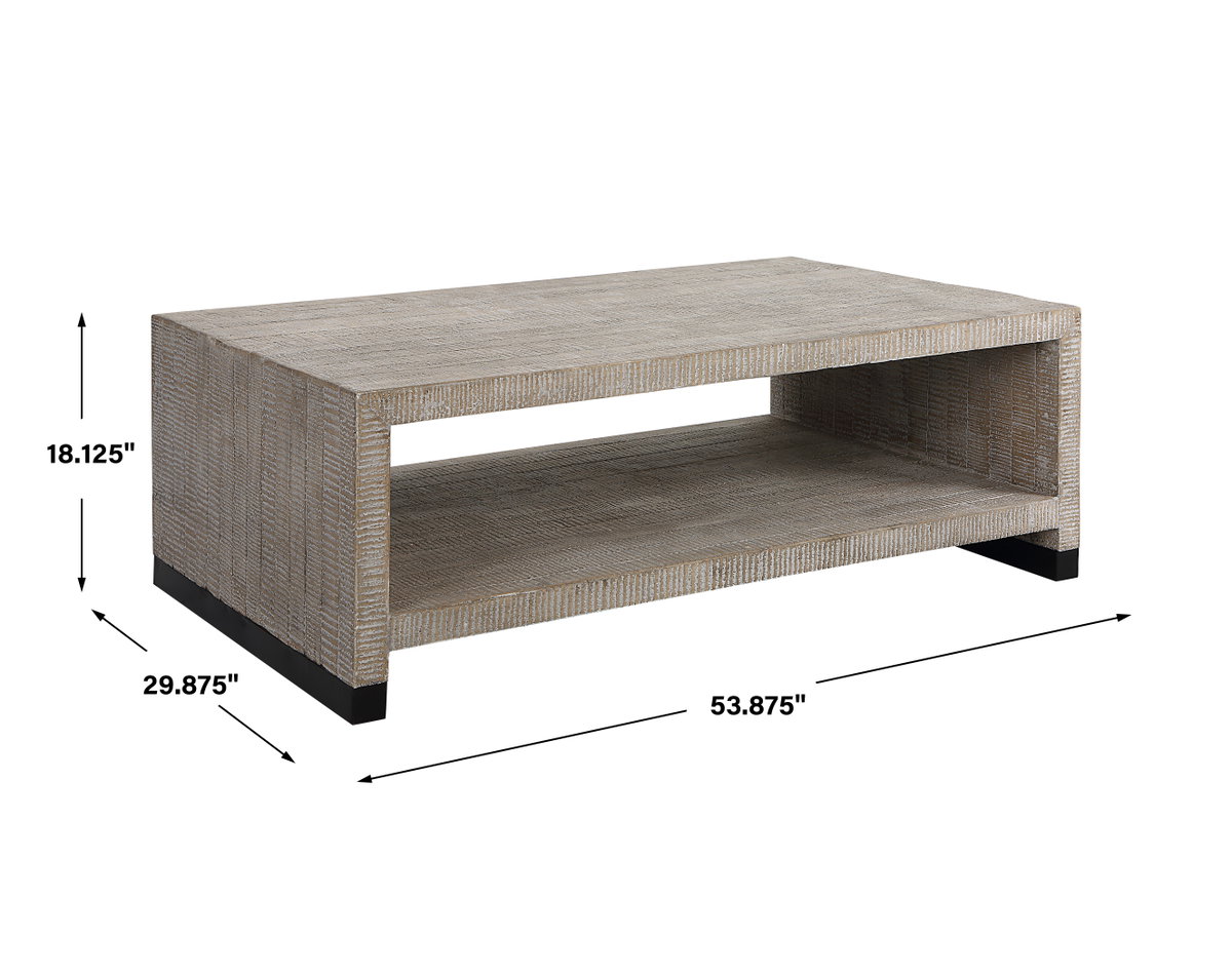 Bosk White Washed Coffee Table, by Uttermost, 53.87" width x 18.12" height x 29.87" depth View 3