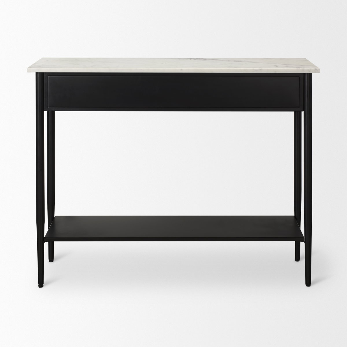 Amika White Marble Top Black Metal Base Console Table, by Mercana, 44" length x 12" width x 32" height View 6