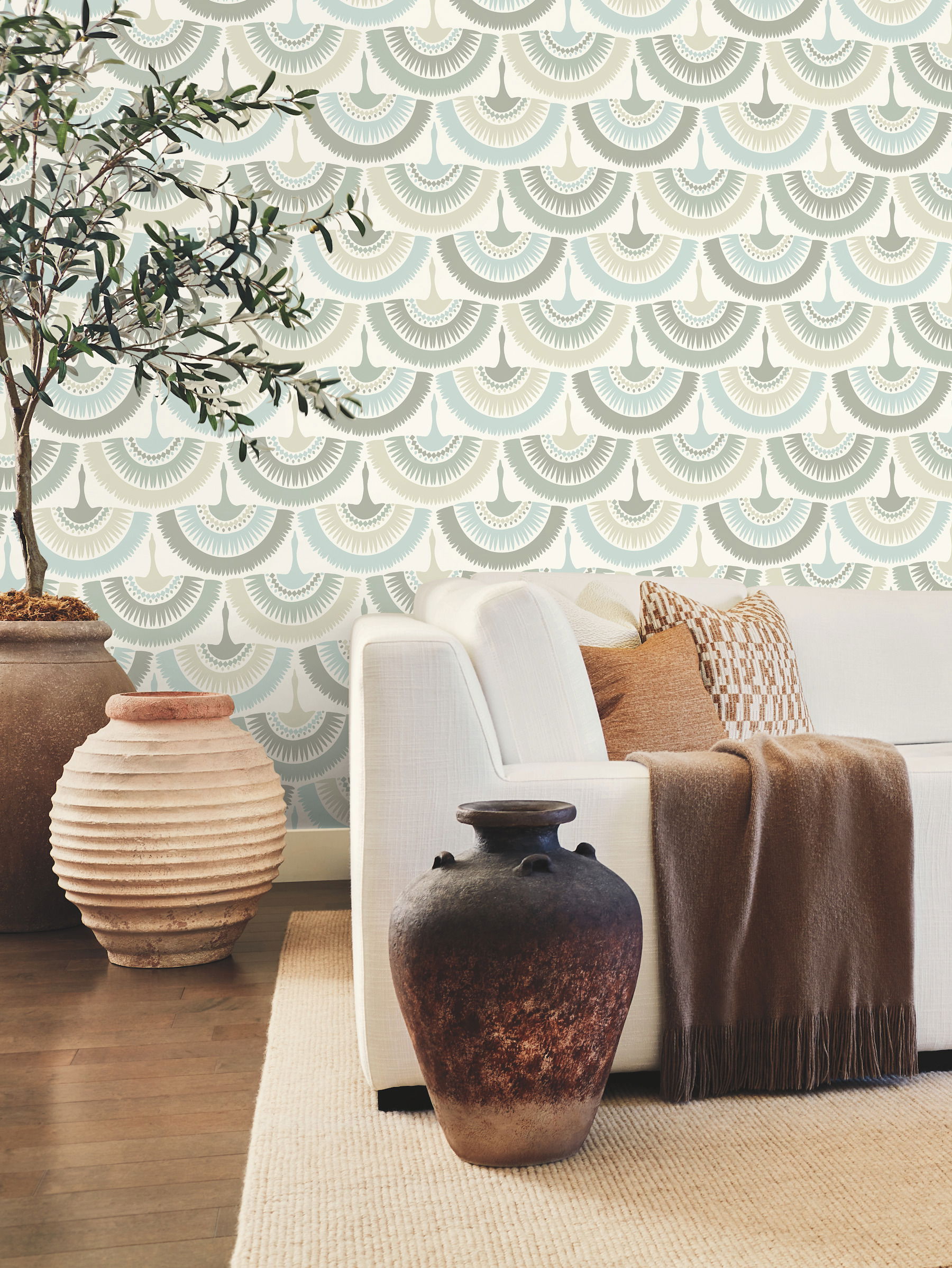 Feather & Fringe Cream & Blue Wallpaper large image 