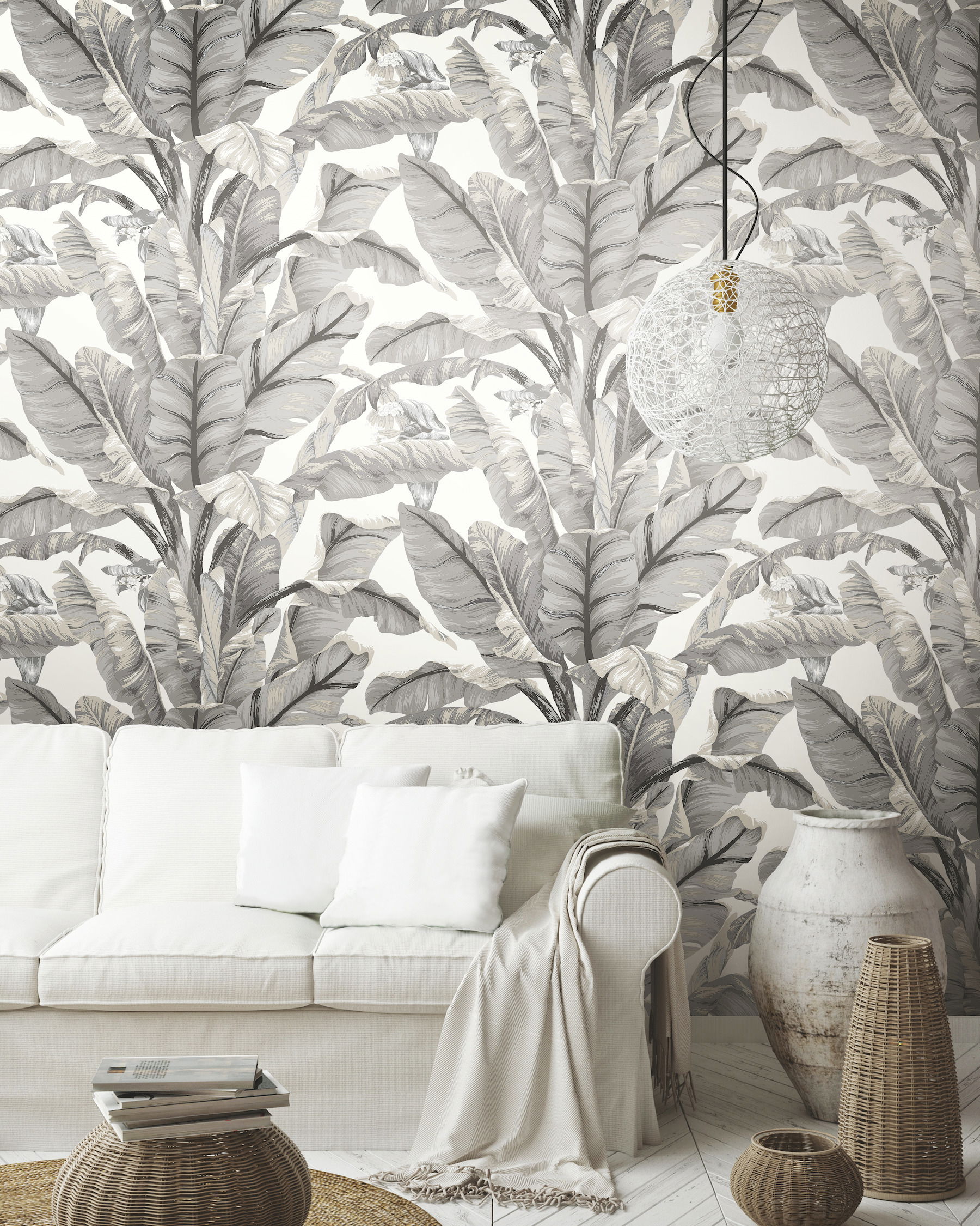 Banana Leaf White & Black Peel & Stick Wallpaper large image 