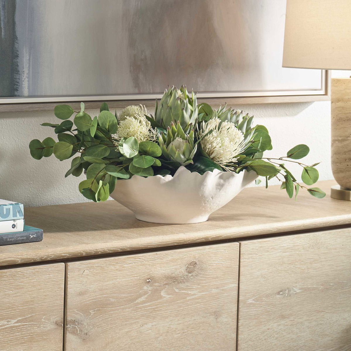 Protea Blooms White Bowl Centerpiece, Artificial Plants & Flower by Uttermost, 24" width x 12" height x 16" depth View 4