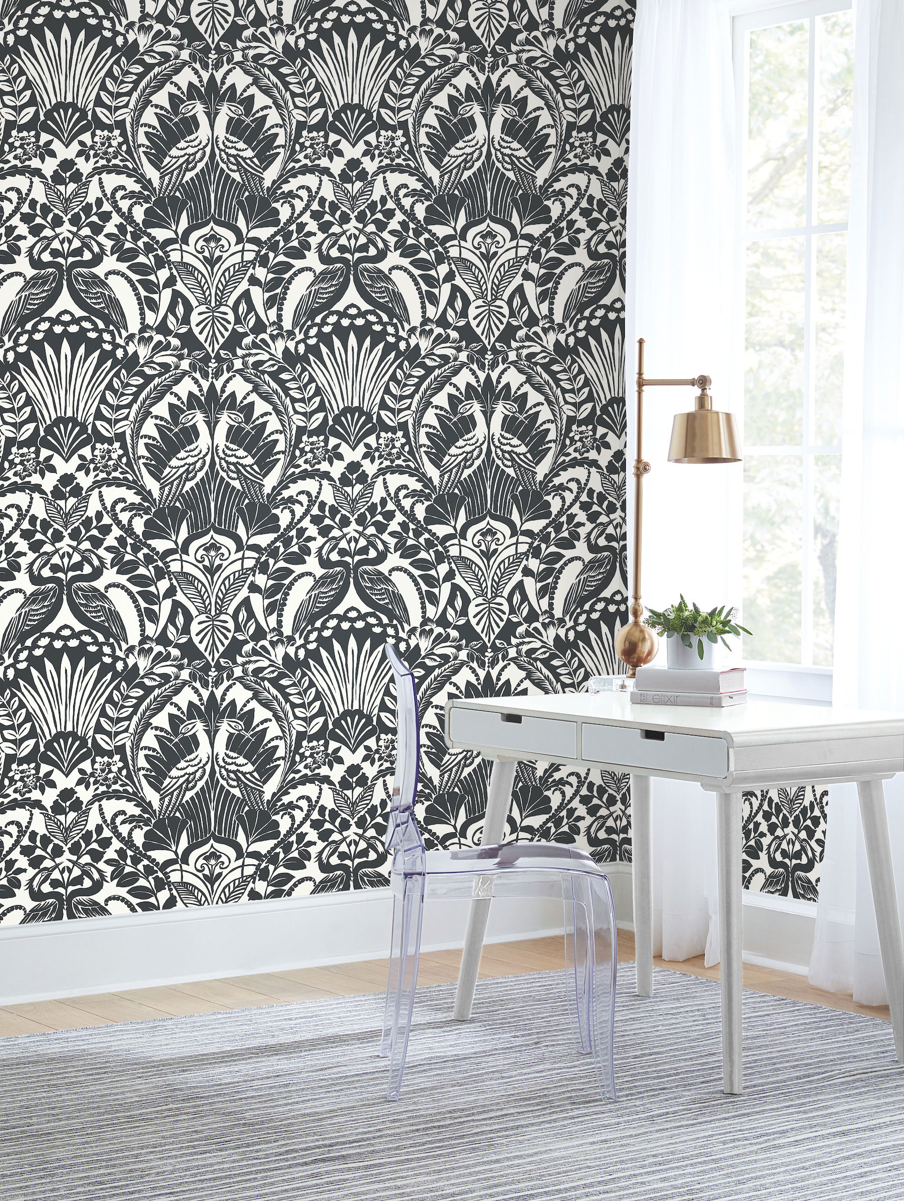 Egret Damask Black & White Wallpaper large image 